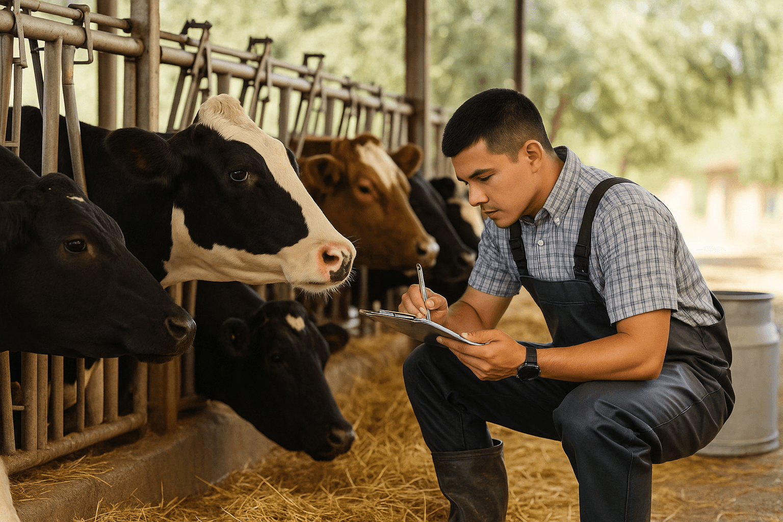 Temporary foreign worker documenting cattle health at a dairy farm in Canada