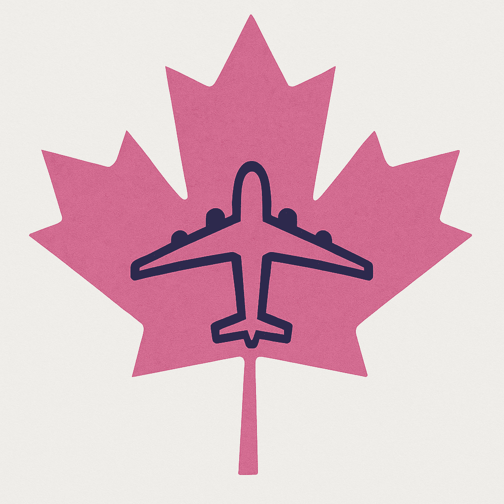Airplane silhouette over a red maple leaf symbolizing work travel to Canada