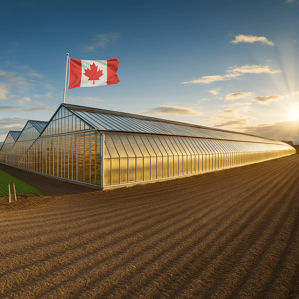 Large Canadian greenhouse with a national flag at sunrise