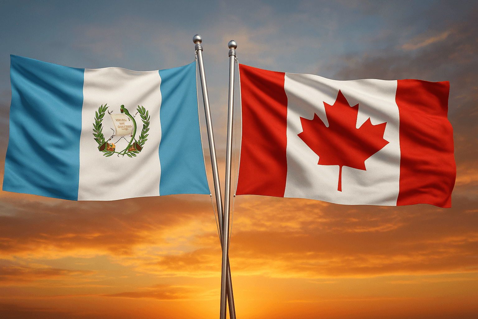 Flags of Guatemala and Canada together at sunset