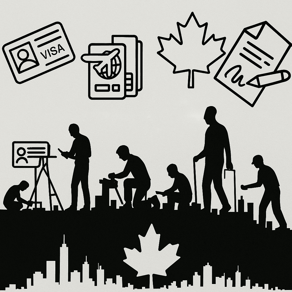 Illustration of foreign workers, visa, passport, and Canada immigration process